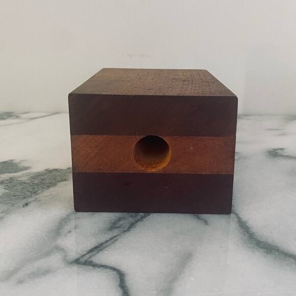 Vintage MCM Teak Birch Walnut Bud Vase Rectangle Pen Holder Handmade Wood Inlay - Picture 6 of 9